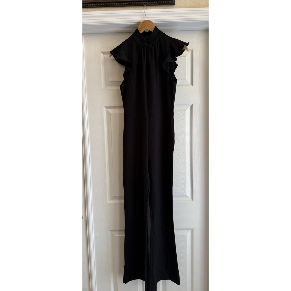 Amanda Uprichard Jumpsuit Womens Medium Black Ruffle Mock Neck Straight Leg